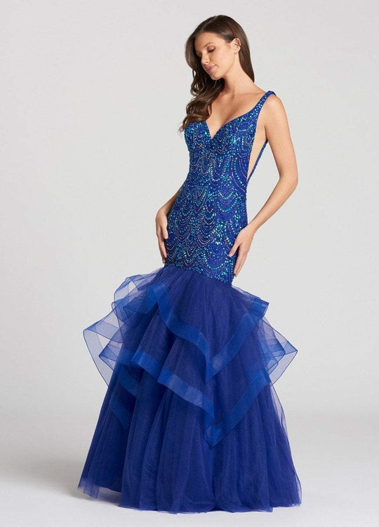 Ellie Wilde - EW118121 Bejeweled Deep V-neck Mermaid Dress In Blue