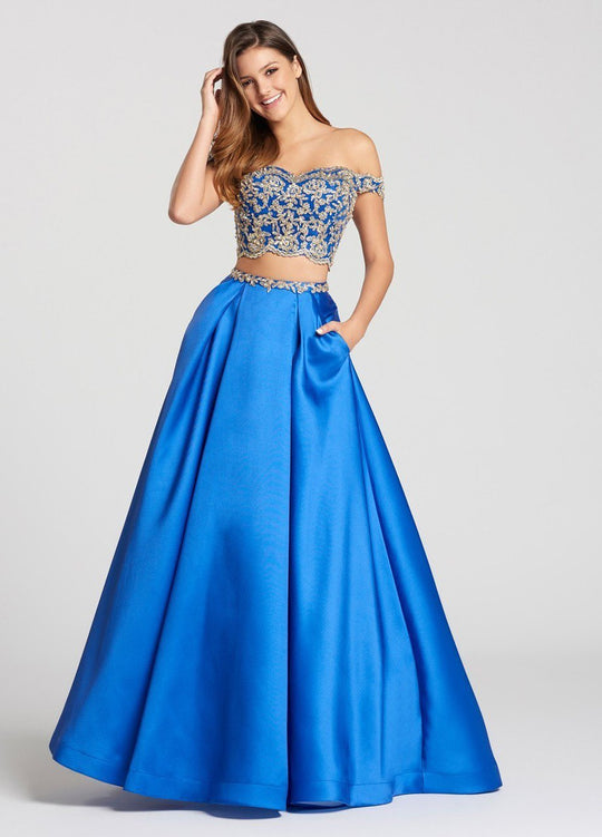 Ellie Wilde - EW118122 Two Piece Metallic Lace A-line Dress In Blue and Gold