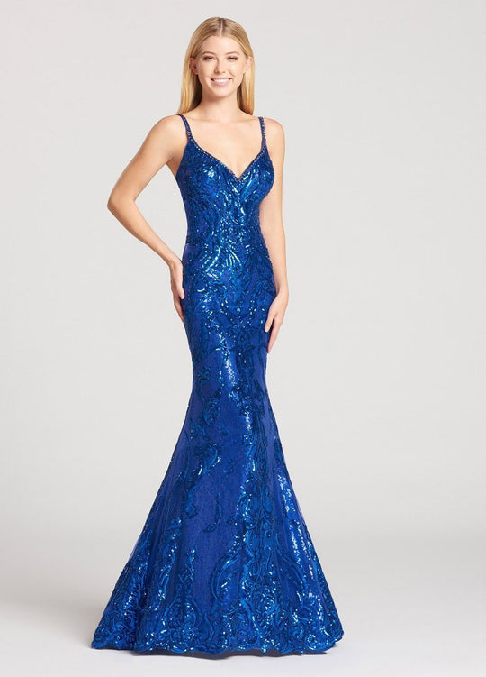 Ellie Wilde - EW118123 Sequined V Neck Mermaid Gown In Blue