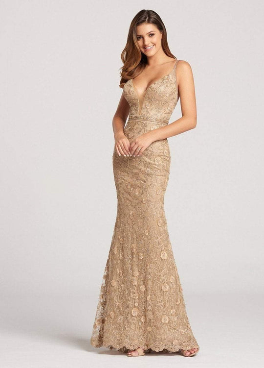 Ellie Wilde - EW118126 Plunging Fitted Lace Evening Dress In Gold