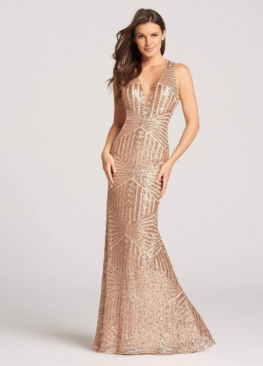 Ellie Wilde - EW118128 Sequined Deep V-neck Sheath Dress In Pink