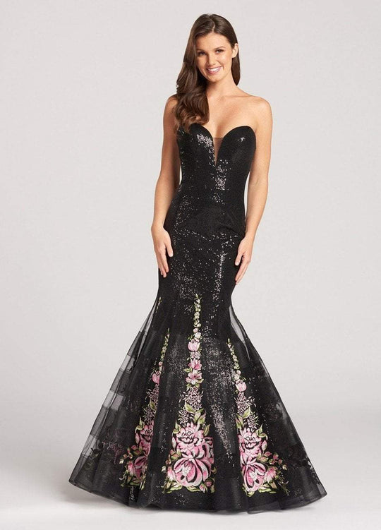 Ellie Wilde - EW118130 Sequined Plunging Sweetheart Mermaid Dress In Black and Multi-Color