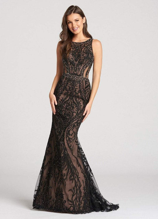 Ellie Wilde - EW118134 Beaded Bateau Fitted Dress In Black and Neutral