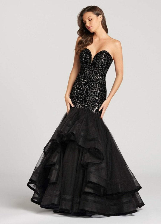Ellie Wilde - EW118136 Strapless Ruffled Horsehair Fitted Gown In Black