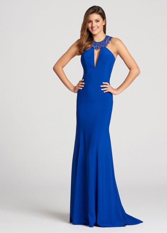 Ellie Wilde - EW118144 Beaded Halter Stretch Crepe Trumpet Dress In Blue
