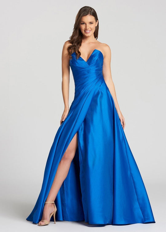 Ellie Wilde - EW118146 Ruched Strapless Slit Gown In Blue