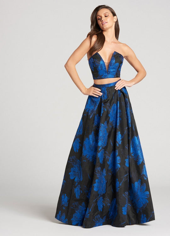 Ellie Wilde - EW118147 Two Piece Beaded Jacquard Strapless Gown In Black and Blue