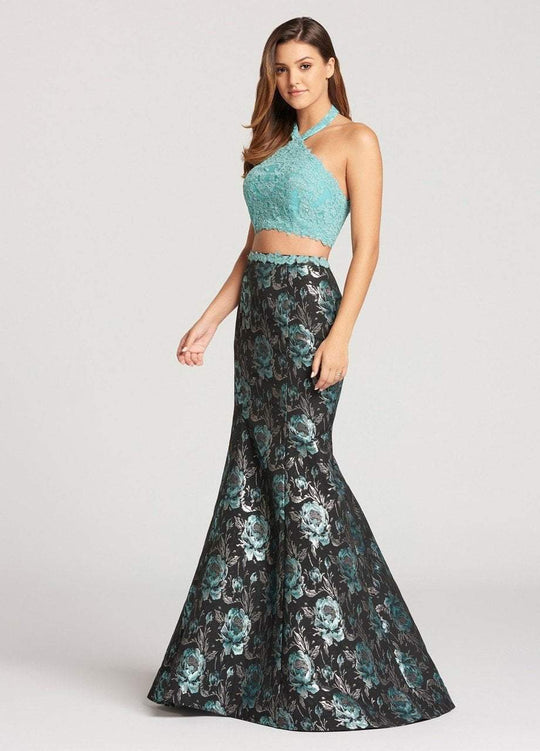 Ellie Wilde - EW118148 Two Piece Floral Halter Trumpet Dress In Black and Blue