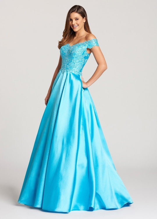 Ellie Wilde - EW118152 Beaded Off Shoulder A-line Dress In Blue