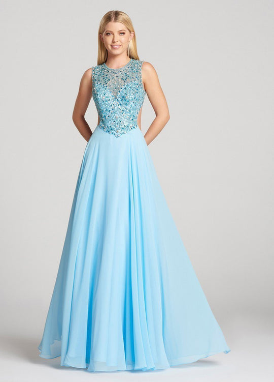 Ellie Wilde - EW118153 Bedazzled Illusion Jewel Chiffon A-line Dress In Blue