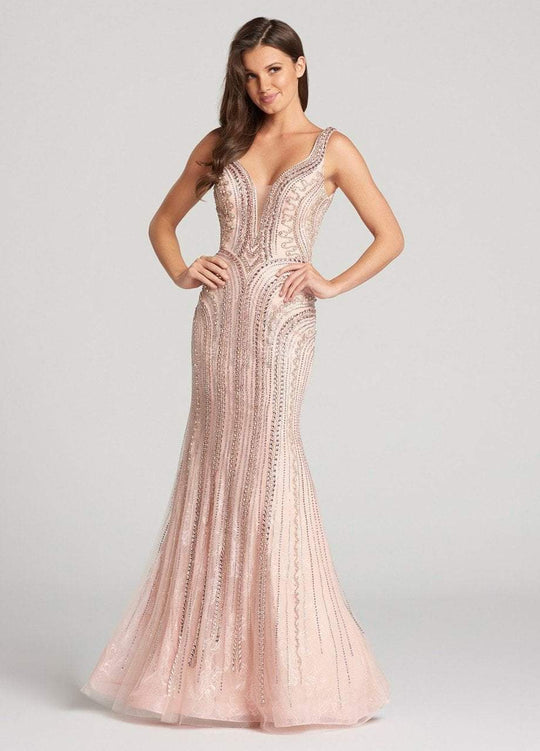 Ellie Wilde - EW118154 Beaded Plunging Open Back Gown In Pink