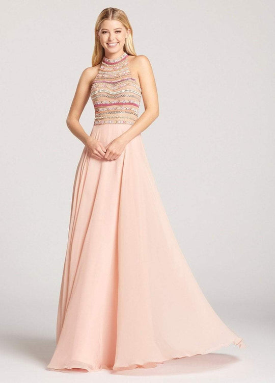 Ellie Wilde - EW118155 Beaded High Halter Chiffon A-line Dress In Pink