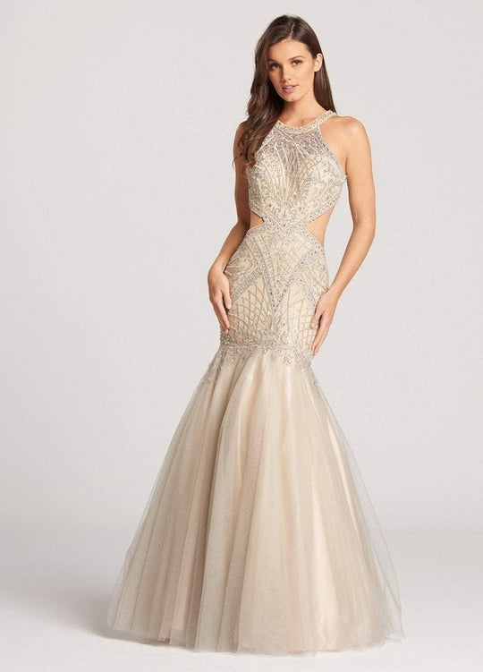 Ellie Wilde - EW118157 Beaded Halter Trumpet Gown In Silver and Neutral