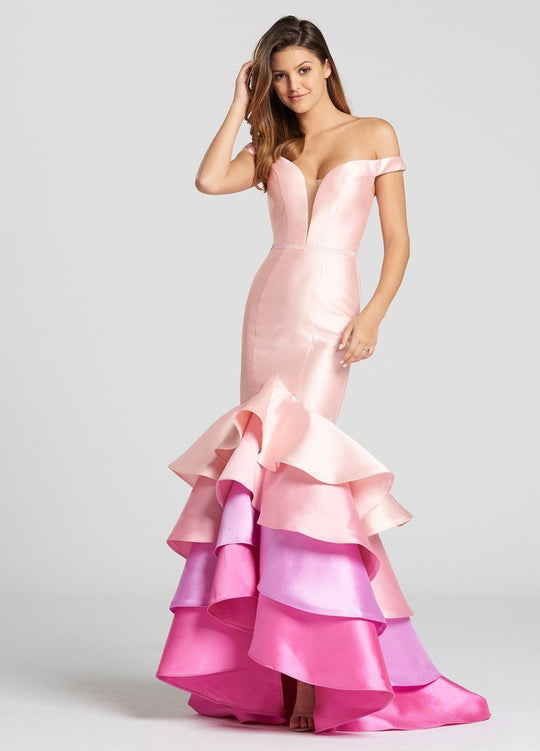 Ellie Wilde - EW118163 Tiered Fitted Off-Shoulder Gown In Pink and Multi-Color