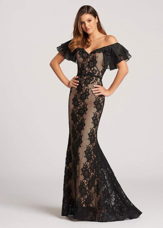 Ellie Wilde - EW118166 Ruffled Off Shoulder Fitted Dress In Black and Neutral