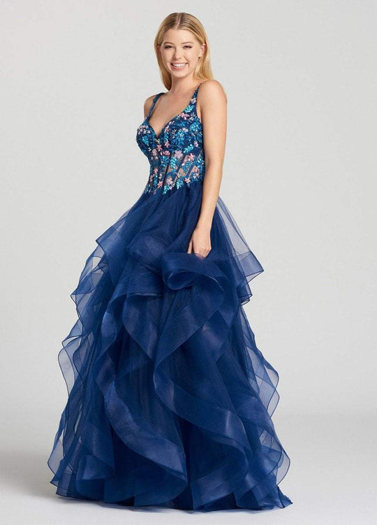 Ellie Wilde - EW118177 Ruffle V-neck A-line Dress In Blue and Multi-Color