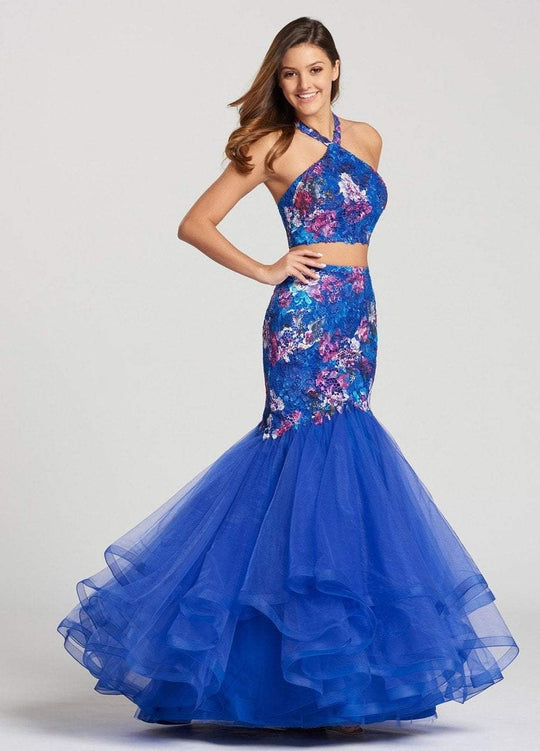 Ellie Wilde - EW118183 Embroidered Two Piece Halter Ruffled Gown In Blue and Multi-Color