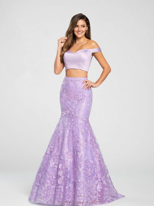 Ellie Wilde - EW119006 2-Piece Crop Top Lace Embroidered Mermaid Gown In Purple