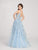 Ellie Wilde - EW119035 Plunging Bead-Trimmed Embroidered Gown In Blue