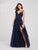 Ellie Wilde - EW119035 Plunging Bead-Trimmed Embroidered Gown In Blue