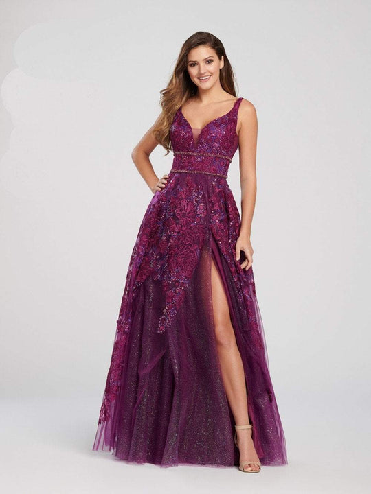 Ellie Wilde - EW119035 Plunging Bead-Trimmed Embroidered Gown In Purple