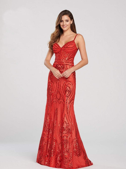 Ellie Wilde - EW119150 Sleeveless Sequin Embroidered Mermaid Gown In Red
