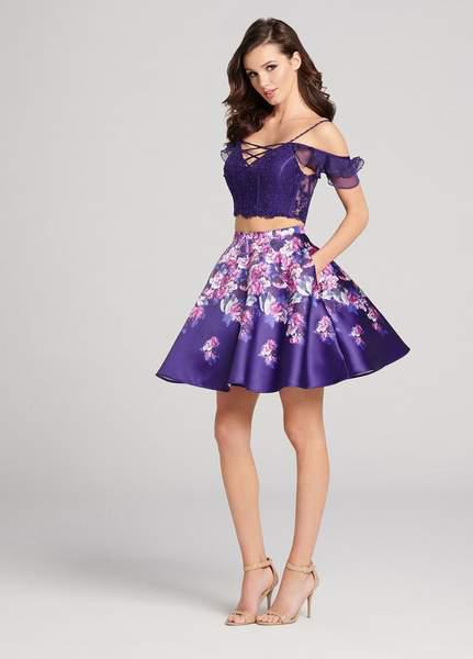 Ellie Wilde - EW21836S Two Piece Off-Shoulder A-Line Cocktail Dress In Purple and Multi-Color