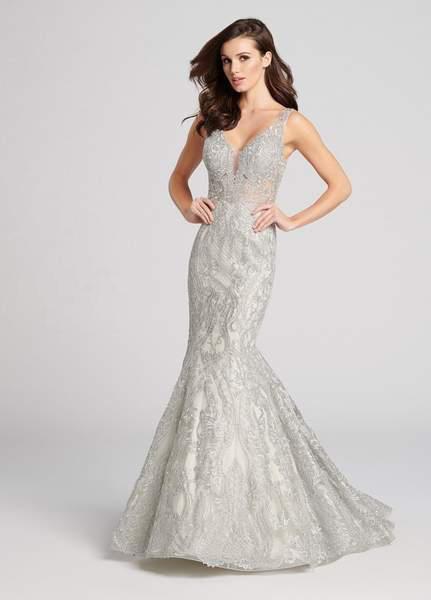 Ellie Wilde - EW21841 Plunging V-Neck Trumpet Evening Gown In Silver