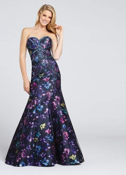 Ellie Wilde - EW117007 Bead Embellished Floral Trumpet Evening Gown