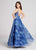 Ellie Wilde - EW21885 Plunging V-Neck Printed Lace Evening Gown in Blue