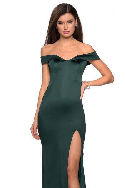 La Femme - Off Shoulder High Slit Long Fitted Satin Dress 27752 In Green