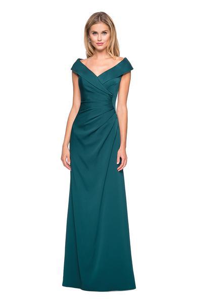 La Femme - 26523 Wide V Neck Fold over Sleeves Long Gown In Green