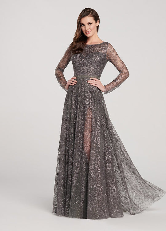 Ellie Wilde - Long Sleeve Illusion Cracked Ice Tulle Gown EW119003  In Gray