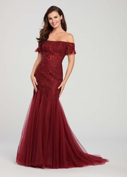 Ellie Wilde - EW119075 Lace Off-Shoulder Trumpet Dress With Train In Red