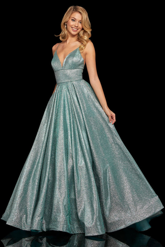 Sherri Hill - 52960 V- Neckline Empire Glitter A Line Dress In Green and Silver