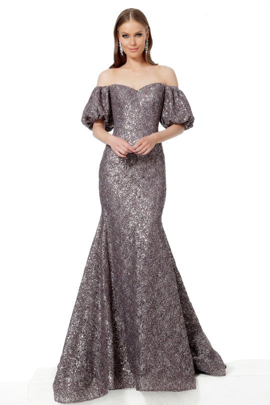 Jovani - 4573 Lace Off-Shoulder Mermaid Dress With Train In Purple