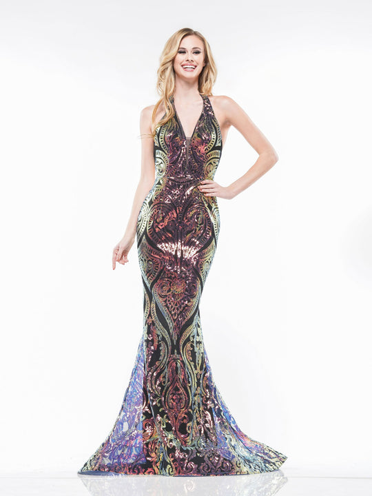 Colors Dress - 2141 Sequined Deep Halter V-neck Mermaid Dress in Multi-Color