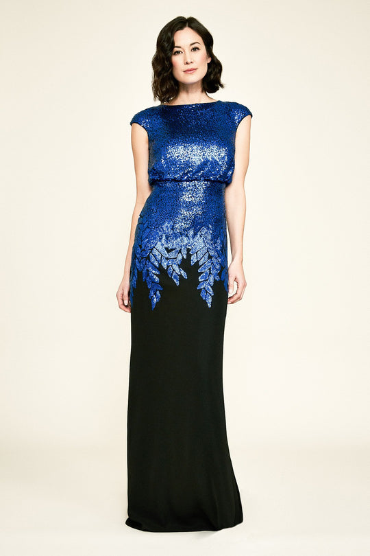 Tadashi Shoji - Bateau Neckline Cap Sleeves Sequined Gown In Blue and Black