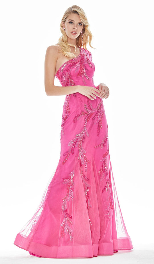 Ashley Lauren - 1432 Beaded One Shoulder Sleeve Dress In Pink