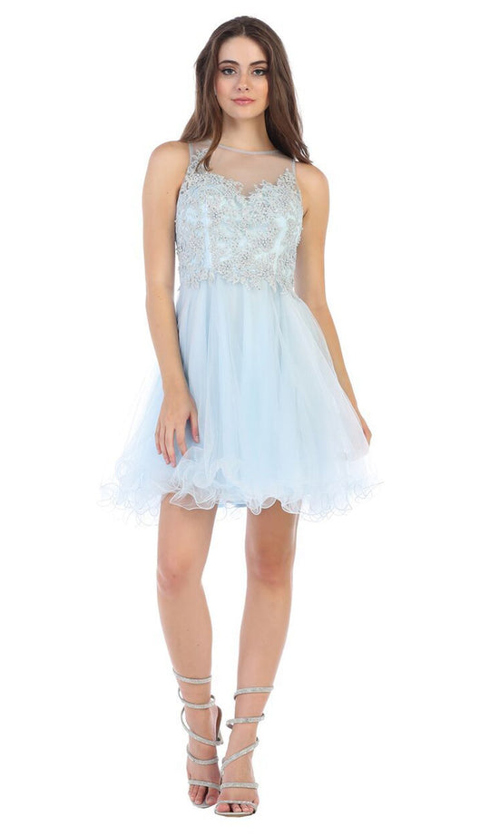 May Queen - MQ1584 Beaded Lace Ornate Fit and Flare Cocktail Dress In Blue