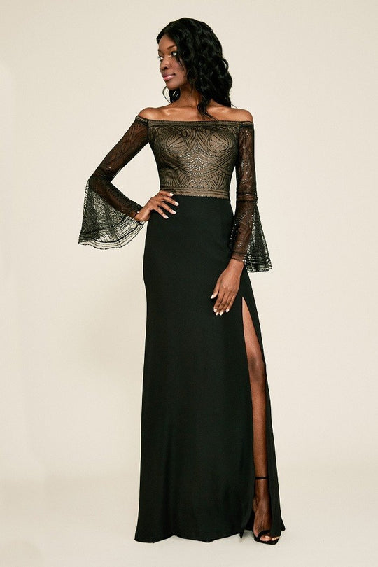 Tadashi Shoji - Off-Shoulder Circular Flounce Sequined Gown In Black and Neutral