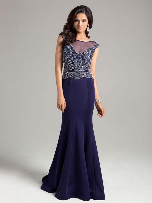 Lara Dresses - Gorgeous Illusion Neck Sheer A-Line Gown 32839 in Blue