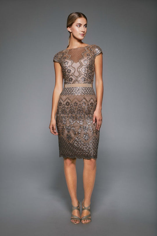 Tadashi Shoji - Scallop Detailed Knee-Length Column Dress In Brown and Silver