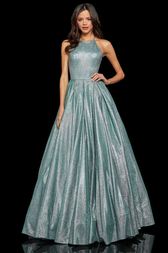 Sherri Hill - 52964 High Halter Neck Glitter Mesh Full A-Line Dress In Green and Silver