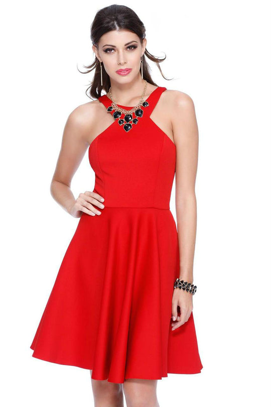Shail K - Short Halter Neck Scuba A-line Dress 4014 in Red