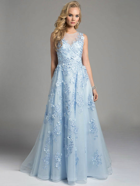 Lara Dresses - Sleeveless Jewel Neck Long Floral Gown 33215 in Blue