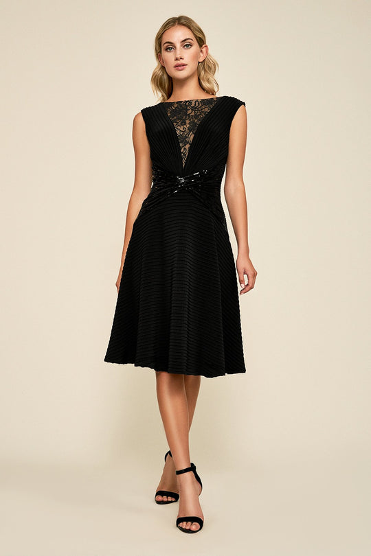 Tadashi Shoji - Laced Neckline Sequined Band A-line Dress In Black