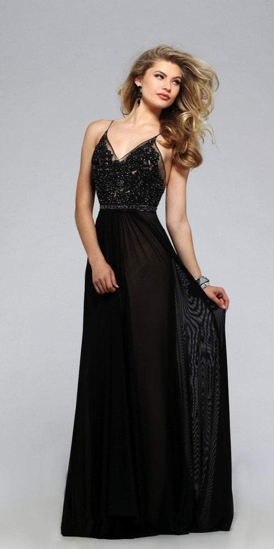 Sheer Lace Appliqued Chiffon A-Line Gown in Black