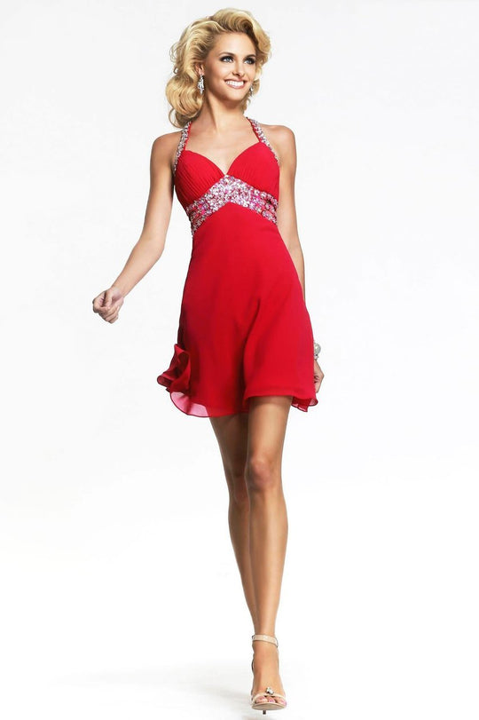 7432 Bejeweled V-neck A-line Dress