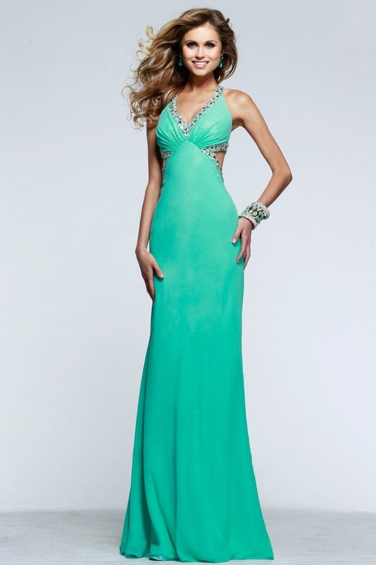 7516 Strappy Beaded Halter Sheath Long Gown